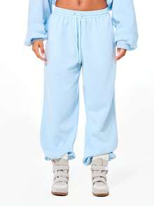 BABYPHAT Pantalones de chándal con puños, con texto con adorno de strass, cintura alta con cordón, cómodos y elásticos en los tobillos para estar en casa - Celeste - Ver 1