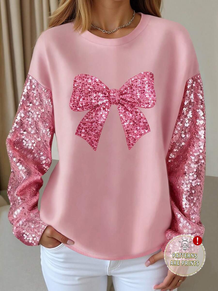 EMERY ROSE 情人节，领结图案T恤，女士，姐妹，潮流单品，时尚上衣，美观长袖T恤，送给兄弟姐妹的礼物，送给姐姐的礼物，送给妈妈的礼物，休闲简约时尚上衣 - 彩色 - 查看 1