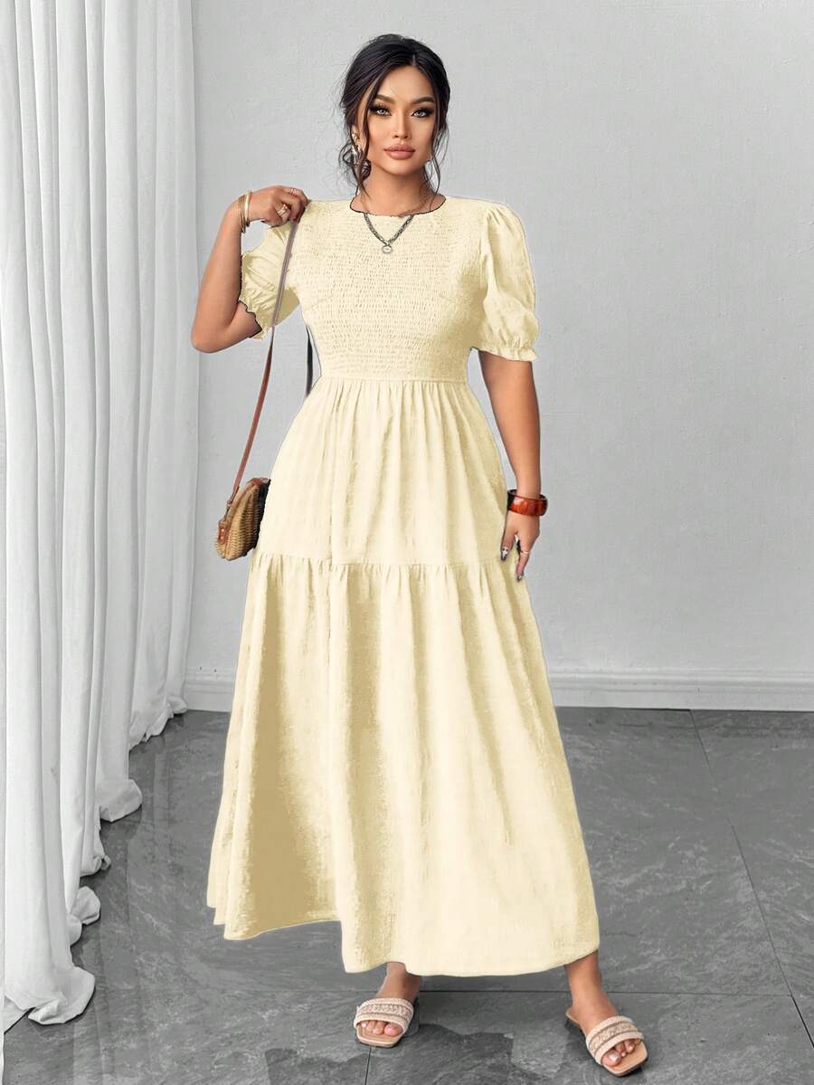 Elenzga Holidaya 大码优雅休闲纯色泡泡袖褶皱荷叶边连衣裙，适合日常通勤、办公、外出就餐、浪漫约会和度假，春夏新款女装连衣裙，夏季优雅连衣裙，褶皱女装，泡泡袖连衣裙，优雅连衣裙，长款连衣裙 - 米色 - 查看 1