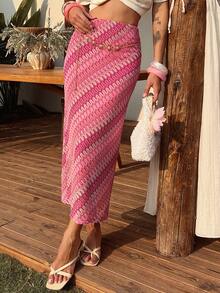 Livesso Women's Summer Vacation All-Over Print Side Zipper Slit Skirt - Coral Pink - View 2