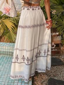 Livesso Rok A-Line Pinggang Elastis Motif Bunga & Geometris Bohemian, Elegan untuk Liburan, Pantai, Perjalanan, Musim Semi/Panas Gaya Boho - Putih - View 6
