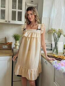 SHEIN Women's Fresh & Cute Plaid Square Collar Ruffle Hem A-Line Nightgown - Yellow - View 4