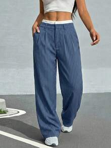 Muchica 秋冬季女士褶裥条纹阔腿西装裤，撞色腰带设计 - 霧霾藍 - 查看 5