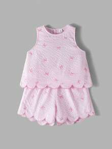 Maija Kids Maija Kids 两件套少女休闲时尚度假日常百搭粉色蝴蝶结条纹图案无袖上衣和短裤套装，适合休闲外出、旅行、聚会、节日、夏季和春季穿着。 - 粉色 - 查看 5