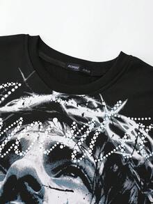 ROMWE MEN Goth Men's Casual Fashion Street Jesus & Polka Dot Letter Print Short Sleeve Black T-Shirt, Summer - Black - View 5