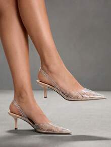 CUCCOO SZL Bailarinas con tira trasera y adorno de strass con tacón de gatito para mujer - Albaricoque - Ver 1