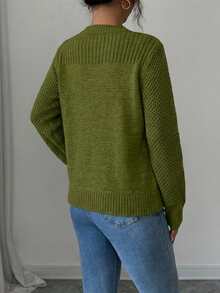EURMUSE 女士休闲纯色圆领长袖毛衣，秋冬 - 橄欖綠 - 查看 2