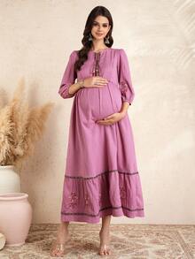 Momance 孕妇花卉刺绣褶皱休闲日常派对外出灯笼袖连衣裙 - 藕粉色 - 查看 6