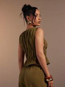 Hauture Women's Sexy Casual Sleeveless Tank Top With Side Cut Out Beaded Detail - Army Green - View 2