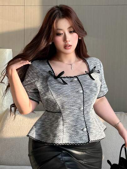 Dazy Plus Plus Size Bow Decor Waist Cinched Elegant Short Sleeve Cropped Cardigan T-Shirt, Spring/Summer