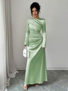 Rafferiza Elegantes figurbetontes Kleid mit vorderseitiger Raffung, Satin-Strick-Glockenärmel, hellrosa, geeignet für Partys oder den Alltag, Herbst/Winter - Minzgrün - Übersicht 3