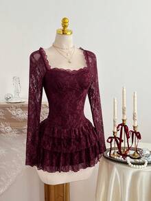 Elamini 花卉蕾丝纹理浪漫迷你连衣裙 - 酒紅色 - 查看 4