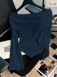 Franclia Women's Off Shoulder Butterfly Knit Design Fitted Slim Fit Casual T-Shirt - Royal Blue - View 2