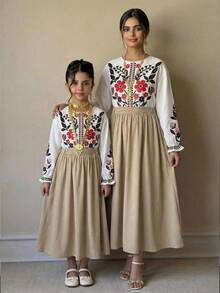 Teen Girl Spring/Summer Casual Vacation Fashion Faux Embroidered Large Floral Print Pullover Long Sleeve Top White Shirt + Khaki Umbrella Skirt Set Woven Outfit KIDS - White - View 3