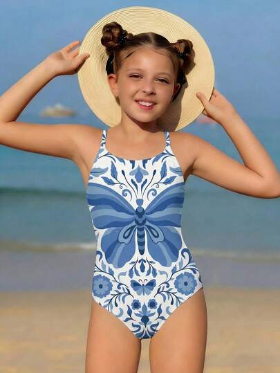 SHEIN Casual Cute Retro Blue Butterfly Print Elastic Woven One-Piece Swimsuit For Tween GirlsBeach Holiday Vacation Swimming Bathing Suits For Girls Blue Blue One Piece Swimsuit Girls One Piece Swimsuit For Girls Butterfly Print Swimwear For Girls Butterfly Swimsuit For Girls Butterfly One Piece Swimsuit Blue Butterfly Bathing Suit One Piece Bathing Suits For Girls Butterfly One Piece Swimsuit Girls Girls Blue Swimwear Girls Blue White Swimwear One Piece Bathing Suit Girls Girls Swimsuit Butterfly Pri