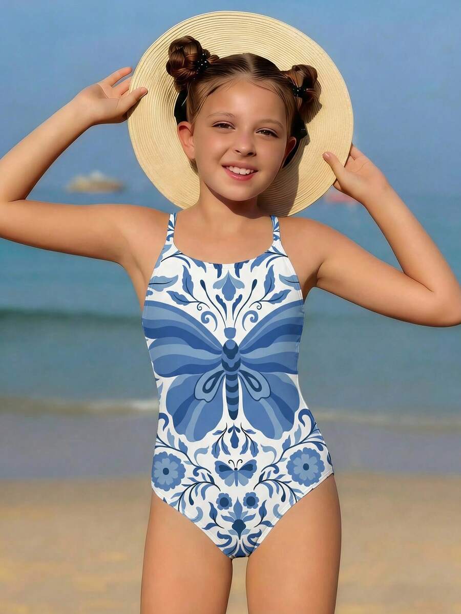 SHEIN 休闲可爱复古蓝色蝴蝶印花弹力编织连体泳衣，适合青少年女孩海滩度假游泳 - 白色 - 查看 1