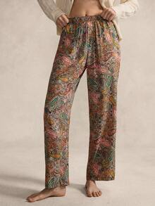Women's Paisley & Cashew Flower Print Elastic Waist Loose Wide Leg Pants, Comfortable Loungewear/Sleepwear Bottom - Multicolor - View 1