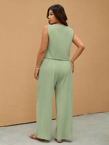 Elaquor Setelan Kasual 2 Potong Wanita Ukuran Besar Warna Polos, Rompi dan Celana Kancing Tunggal - Mint Green - View 2