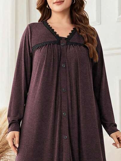 Lacomfia Vestido largo de manga larga minimalista, cómodo y holgado con parches, encaje y remaches decorativos, de punto en gris oscuro, para mujeres de talla grande