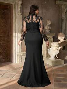 Aureia Plus Size Elegant Romantic Apricot Deep V-Neck Floral Decor Waist Ruched Mermaid Hem Formal Evening Gown - Black - View 2
