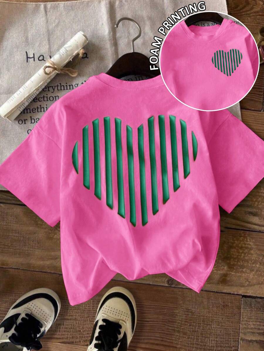 DrmWander Áo thun nữ, áo thun tay ngắn in họa tiết phong cách đường phố thường ngày, áo mùa hè dễ thương. - Màu Hồng Tươi - Xem 1