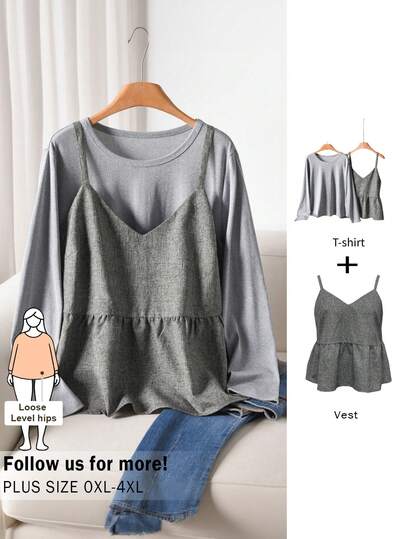 CosyJoli 大码女式休闲两件套，韩版女士套装，长袖T恤和吊带背心，春秋季新款女装