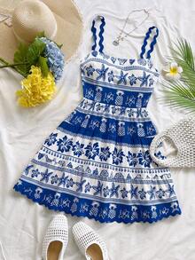 Soleia Tropical Shell Print White Blue,Summer,Casual,Tropical,Vacation,Holiday New Wave Strap Mini Dress,Boho Floral Spring Outfit Women,Weddings - Multicolor - View 5