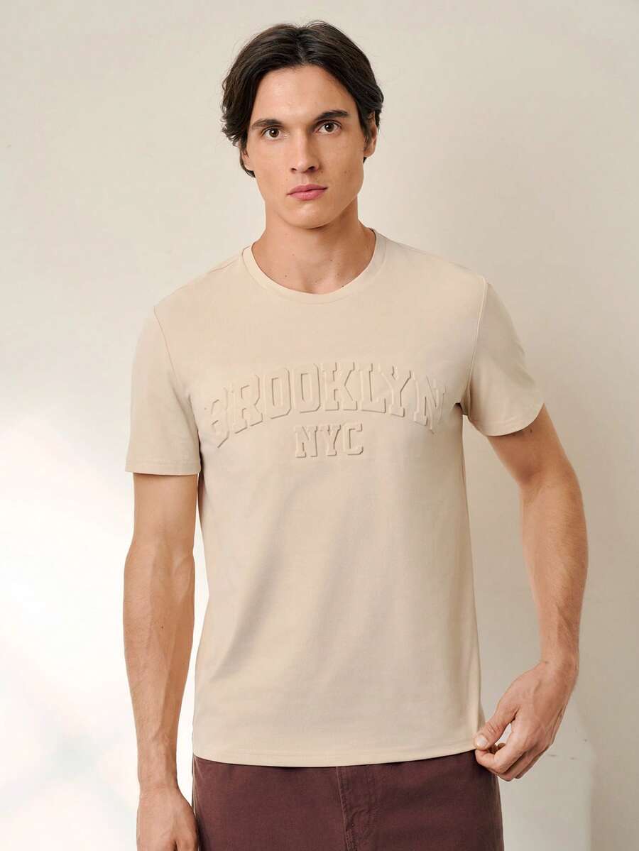 RONVEXI 标准版型男式卡其色短袖 T 恤 - 卡其色 - 查看 1