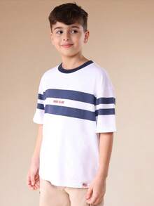 SUMWON Set coordinato per ragazze pre-adolescenti composto da maglietta a righe e pantaloncini cargo con stampa del Island sul petto, outfit casual estivo - Bianco - Visualizzare 3