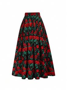 Elenzga Set de 2 piese pentru femei, mărime plus, elegant, cu top cu mânecă lungă, fără umeri, și fustă midi cu imprimeu floral - roșu - Vizualizare 9