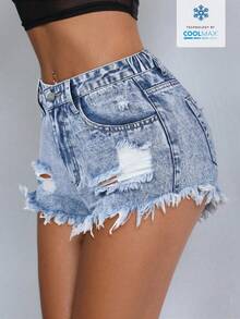 SHEIN ICON Plus Size Women Distressed Pocket Frayed Hem Casual Washed Denim Shorts, Versatile For Summer - Light Wash - View 1