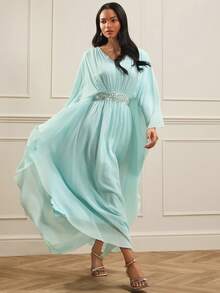 Lilora Women's Elegant Mint Green V-Neck Maxi Dress Long Batwing Sleeve Ruched Flared Hem Flowy Chiffon Gown - Mint Green - View 8