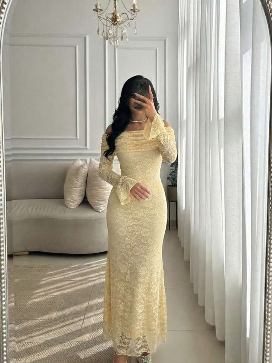 Modelyn 女士杏色针织蕾丝褶皱露肩长袖收腰A字修身优雅连衣裙 - 杏色 - 查看 1
