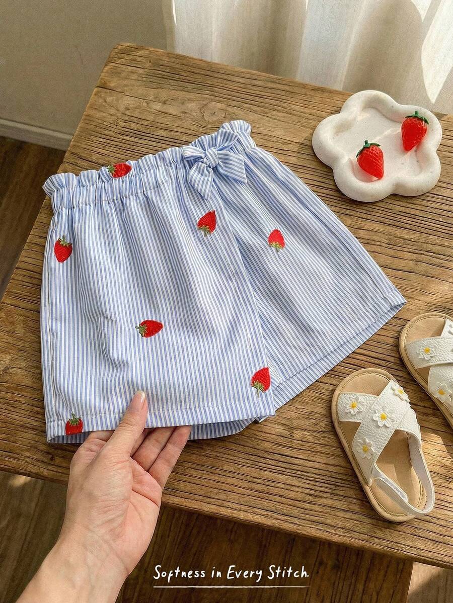 Cozy Pixies Baby Girl Blue Striped Strawberry Pattern Knit Soft Butterfly Decor Elastic Waist Skorts - Blue - View 1
