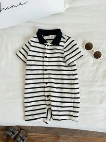 SHEIN 新生儿男女通用休闲针织条纹翻领连体衣，适合生日派对、锐舞派对、晚宴、演出、婚礼、满月庆典、洗礼和一周岁生日、婚礼宾客、婴儿派对等场合。 - 彩色 - 查看 4