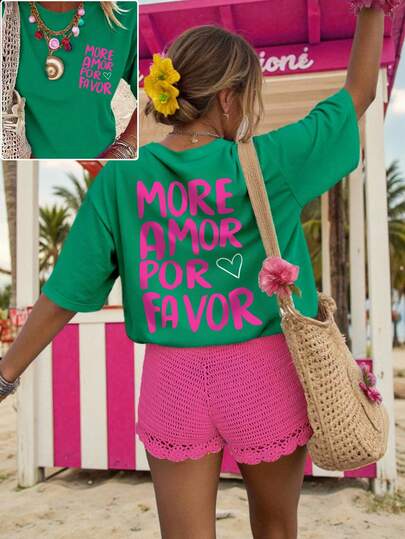 EMERY ROSE Women's Plus Size Casual Heart, Letter And Clover Print Round Neck Short Sleeve T-Shirt, Graphic Tee, Women's Summer Top, Not Lucky, Romans 4:78