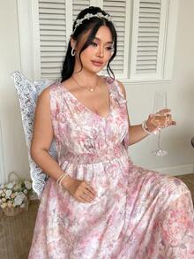 Celure 大码女式印花V领无袖系腰飘逸优雅长裙 - 粉色 - 查看 5