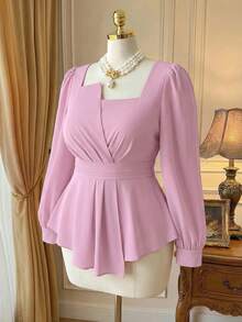 DreamSkyne Plus Size Square Collar Solid Color Ruffled Hem Casual Long Sleeve Shirt, For Christmas Peplum Top - Baby Pink - View 1