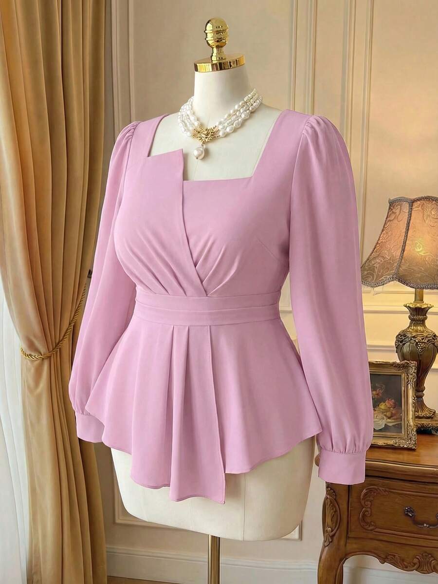 DreamSkyne Plus Size Square Collar Solid Color Ruffled Hem Casual Long Sleeve Shirt, For Christmas Peplum Top - Baby Pink - View 1