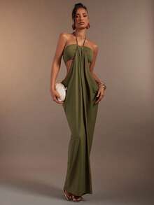 Hauture Olive Green Bandeau Cut Out Side Draped Gathered Side Halter Neck Maxi Dess - Army Green - View 5