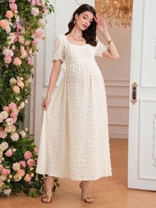 SHEIN 孕妇舒适纯色露背蝴蝶结短袖高开衩优雅连衣裙 - 米色 - 查看 2