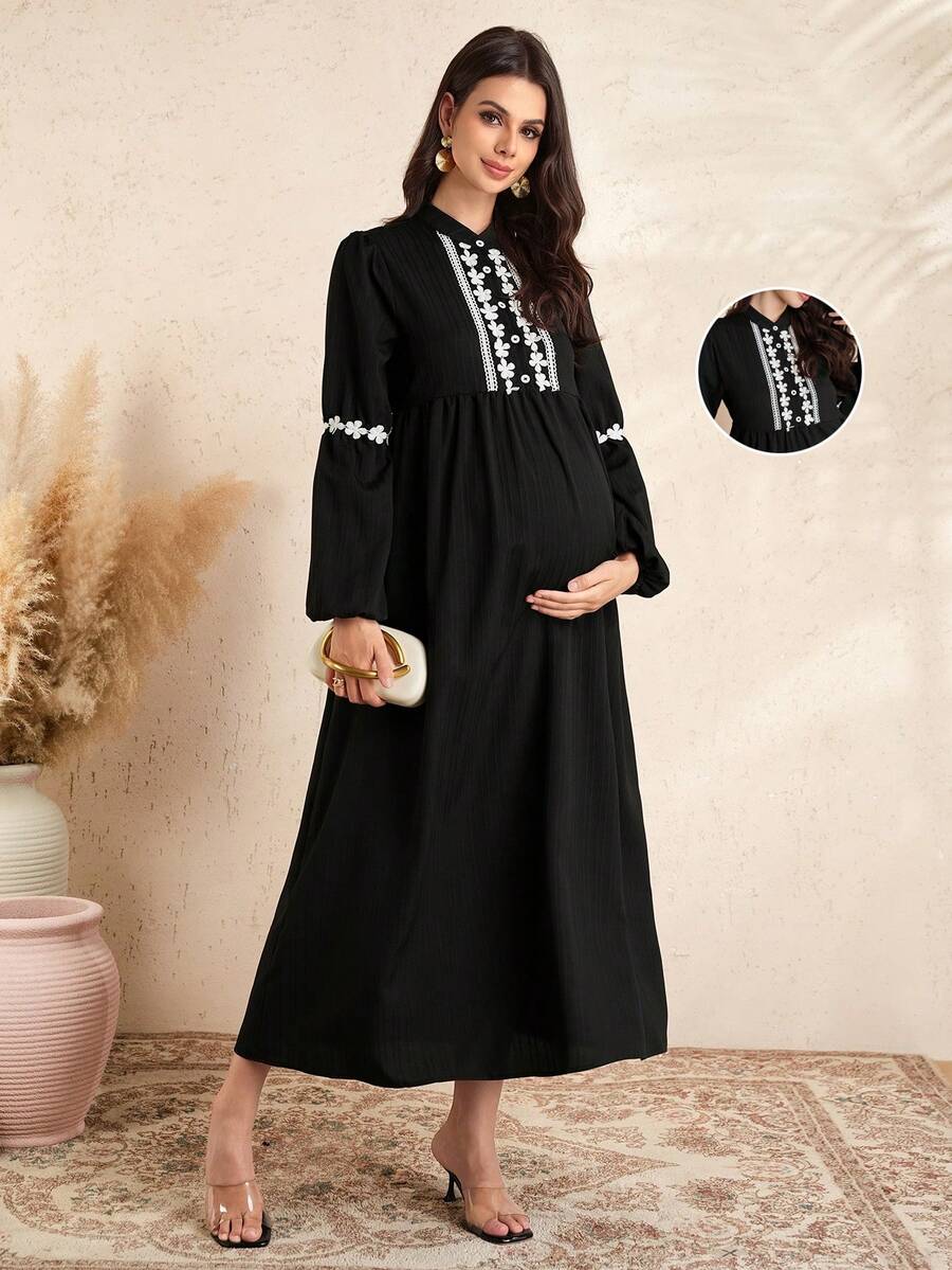 SHEIN Maternity Mandarin Collar Button Floral Embroidery Ruched Casual Everyday Dress - Black - View 1