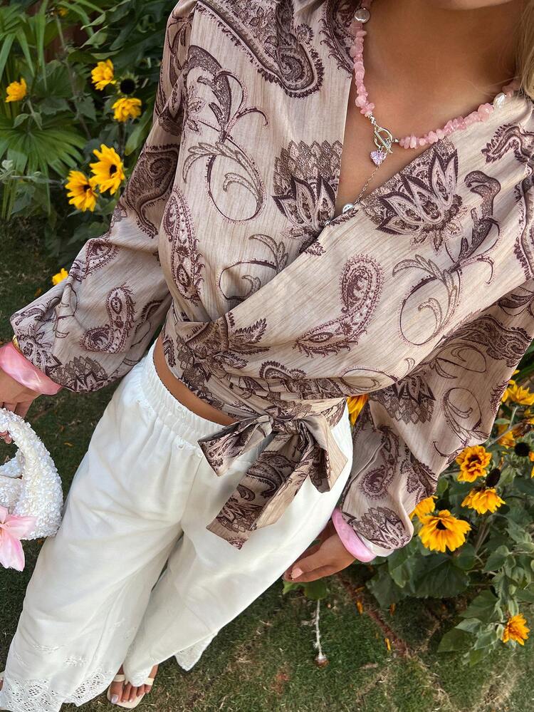 Vintage French Style Cashew Flower Print V-Neck Blouse, Fashionable Loose Long Sleeve Shirt For Women Boho