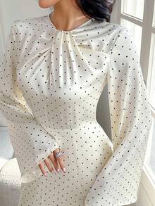 女士波点印花扭结优雅长袖连衣裙 - 黑與白 - 查看 5