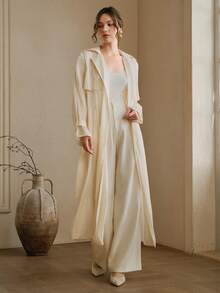 Anewsta Apricot Trench Coat, Mid-Length Women's Loose Flowy Shirt Dress, Slim Fit, Versatile, Lightweight Jacket For Spring & Autumn - Beige - View 6