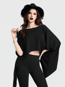 Breakform 女士哥特风纯色针织面料船领蝙蝠袖不对称下摆宽松短款上衣 - 黑色 - 查看 6