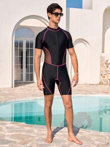 Zalmeno Bañador de una pieza de manga corta y cuello alto con cremallera, corte slim, para hombre. Traje de baño de hombre de una pieza con manga corta - Negro - Ver 4