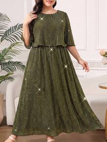 SHEIN Clasi 大码优雅几何褶皱雪纺夏季连衣裙 - 金色 - 查看 8