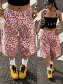 StreetHx Y2K Fashion Casual Street Style Pink Leopard Print Low Waist Cropped Jeans - Pink - View 4