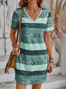 EMERY ROSE Women's Casual Daily Contrast Color V-Neck Short Sleeve Dress, Summer - Multicolor - View 4